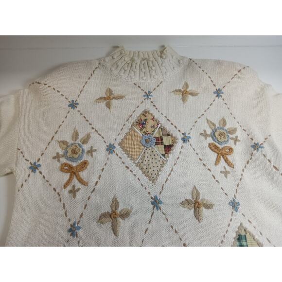 Beldoch Popper Sweater Mock Women's Medium VTG Embroidered Knit Floral Cream - Picture 11 of 16